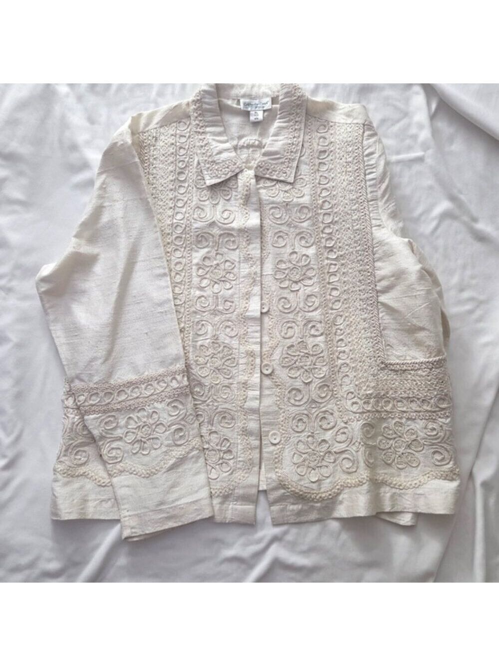 Coldwater Creek Silk Embroidered Longsleeve Button Down Shirt Top Petite Large